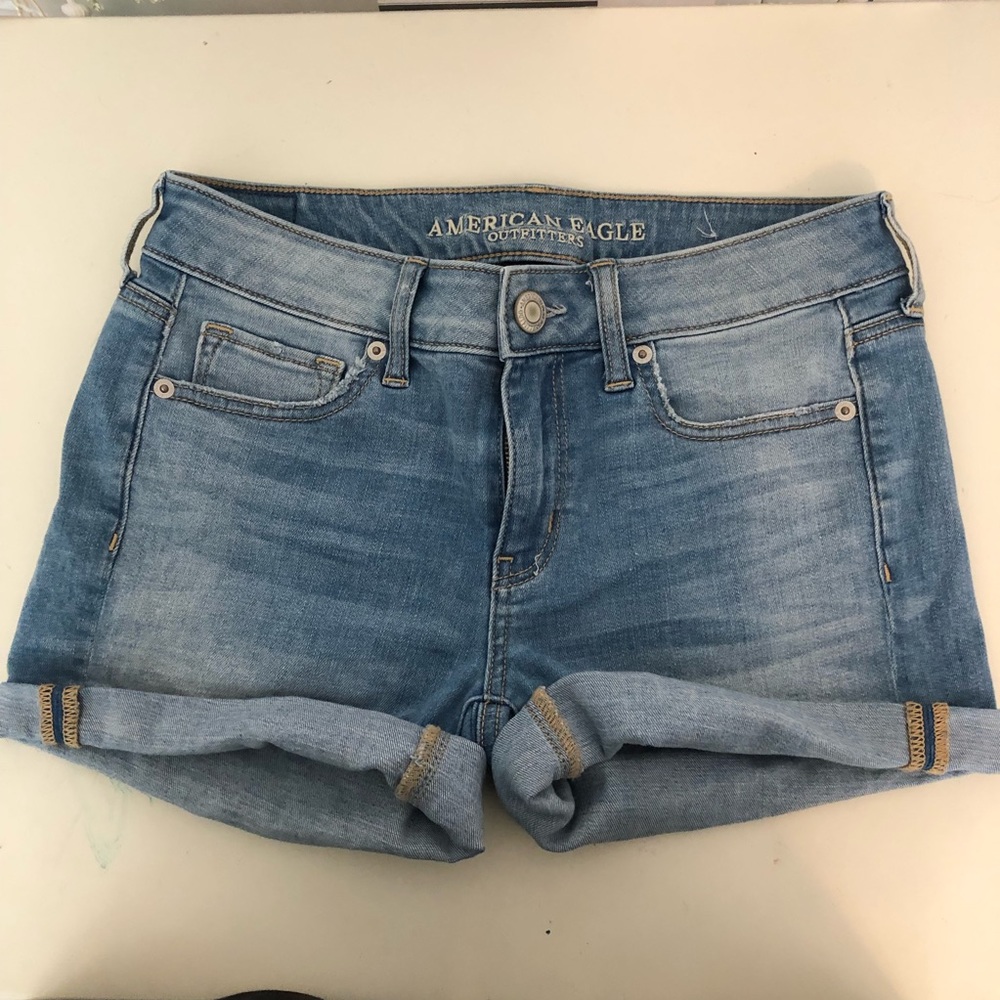 Mid rise light blue jean shorts